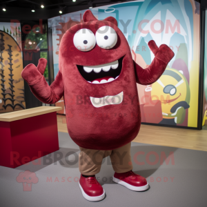 Maroon Steak mascot costume character dressed with a Sweatshirt and Clutch bags