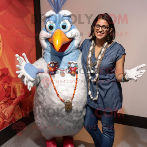 Silver Tandoori Chicken mascot costume character dressed with a Mom Jeans and Necklaces