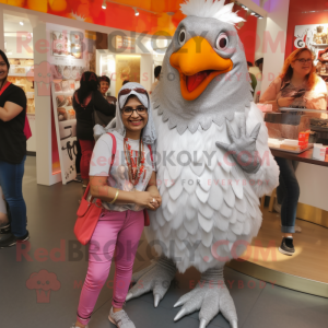 Silver Tandoori Chicken mascot costume character dressed with a Mom Jeans and Necklaces