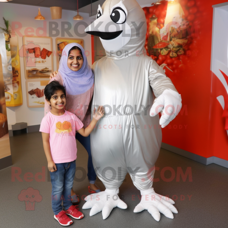 Silver Tandoori Chicken mascot costume character dressed with a Mom Jeans and Necklaces