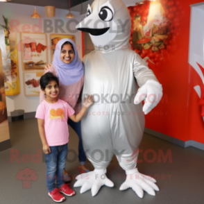 Silver Tandoori Chicken mascot costume character dressed with a Mom Jeans and Necklaces