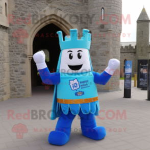 Blue Irish Castle mascot costume character dressed with a T-Shirt and Shoe clips