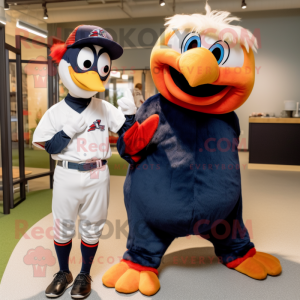 Navy Rooster mascot costume character dressed with a Baseball Tee and Headbands
