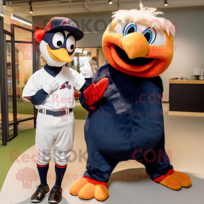 Navy Rooster mascot costume character dressed with a Baseball Tee and Headbands Navy Rooster mascot costume character dressed with a Baseball Tee and Headbands