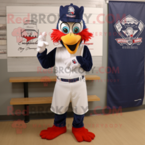 Navy Rooster mascot costume character dressed with a Baseball Tee and Headbands