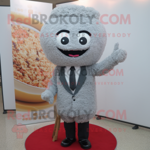 Gray Fried Rice mascot costume character dressed with a Blazer and Earrings