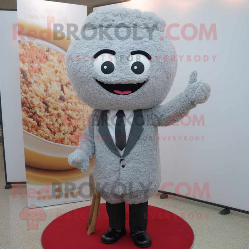 Gray Fried Rice mascot costume character dressed with a Blazer and Earrings Gray Fried Rice mascot costume character dressed with a Blazer and Earrings