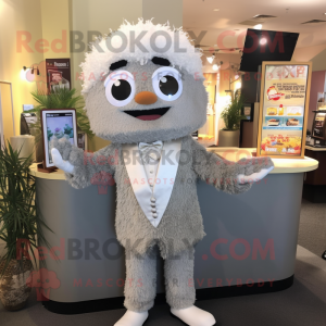 Gray Fried Rice mascot costume character dressed with a Blazer and Earrings