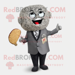 Gray Fried Rice mascot costume character dressed with a Blazer and Earrings