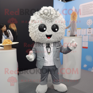 Gray Fried Rice mascot costume character dressed with a Blazer and Earrings