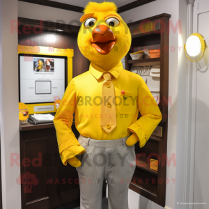 Yellow Butter Chicken mascot costume character dressed with a Oxford Shirt and Cufflinks