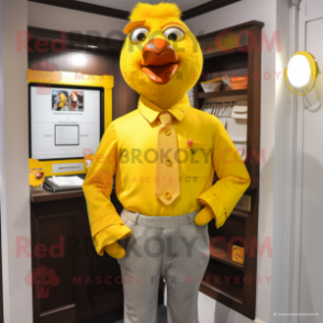 Yellow Butter Chicken mascot costume character dressed with a Oxford Shirt and Cufflinks