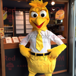 Yellow Butter Chicken mascot costume character dressed with a Oxford Shirt and Cufflinks