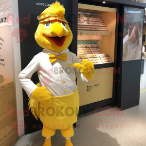 Yellow Butter Chicken mascot costume character dressed with a Oxford Shirt and Cufflinks