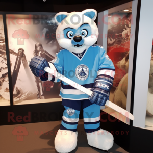 Blue Ice Hockey Stick mascot costume character dressed with a Playsuit and Lapel pins