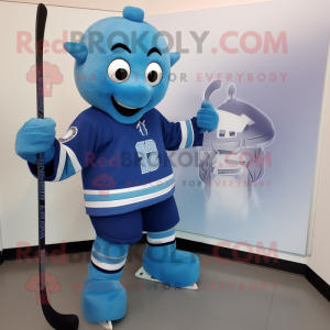 Blue Ice Hockey Stick mascot costume character dressed with a Playsuit and Lapel pins