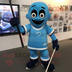 Blue Ice Hockey Stick mascot costume character dressed with a Playsuit and Lapel pins