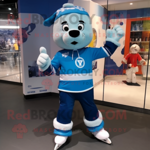 Blue Ice Hockey Stick mascot costume character dressed with a Playsuit and Lapel pins