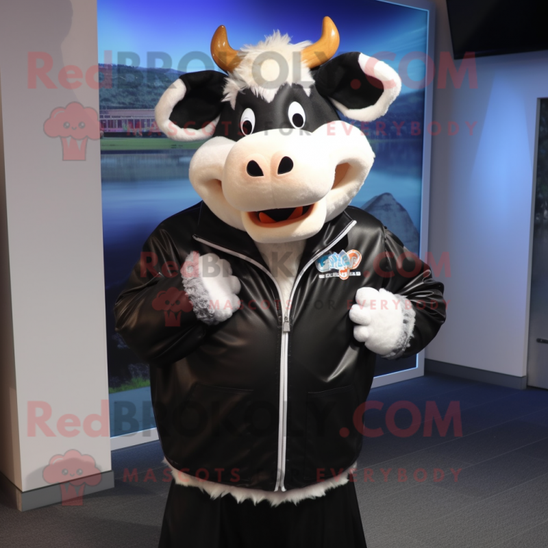 Black Hereford Cow mascot costume character dressed with a Parka and Ties