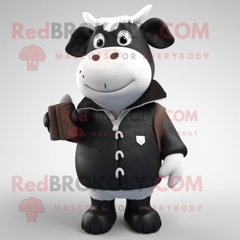 Black Hereford Cow mascot costume character dressed with a Parka and Ties Black Hereford Cow mascot costume character dressed with a Parka and Ties