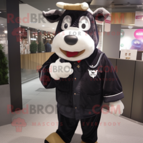 Black Hereford Cow mascot costume character dressed with a Parka and Ties