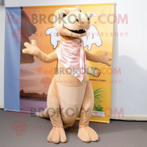Tan T Rex mascot costume character dressed with a Maxi Dress and Scarves