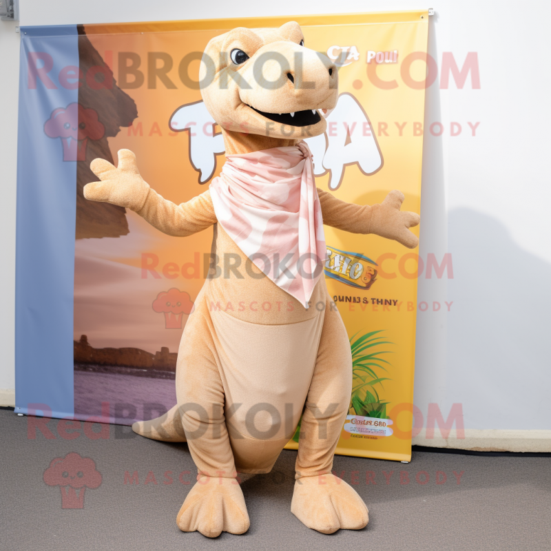 Tan T Rex mascot costume character dressed with a Maxi Dress and Scarves Tan T Rex mascot costume character dressed with a Maxi Dress and Scarves