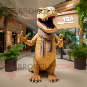 Tan T Rex mascot costume character dressed with a Maxi Dress and Scarves