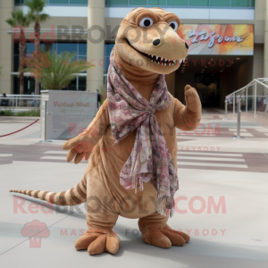 Tan T Rex mascot costume character dressed with a Maxi Dress and Scarves