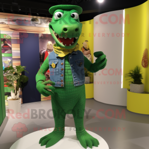 Green Crocodile mascot costume character dressed with a Bootcut Jeans and Necklaces
