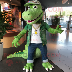 Green Crocodile mascot costume character dressed with a Bootcut Jeans and Necklaces