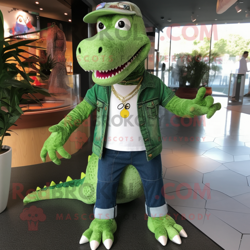Green Crocodile mascot costume character dressed with a Bootcut Jeans and Necklaces Green Crocodile mascot costume character dressed with a Bootcut Jeans and Necklaces