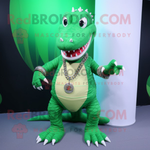 Green Crocodile mascot costume character dressed with a Bootcut Jeans and Necklaces