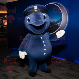 Navy Blue Whale mascot costume character dressed with a Turtleneck and Hat pins
