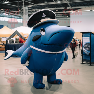 Navy Blue Whale mascot costume character dressed with a Turtleneck and Hat pins