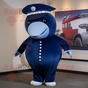 Navy Blue Whale mascot costume character dressed with a Turtleneck and Hat pins