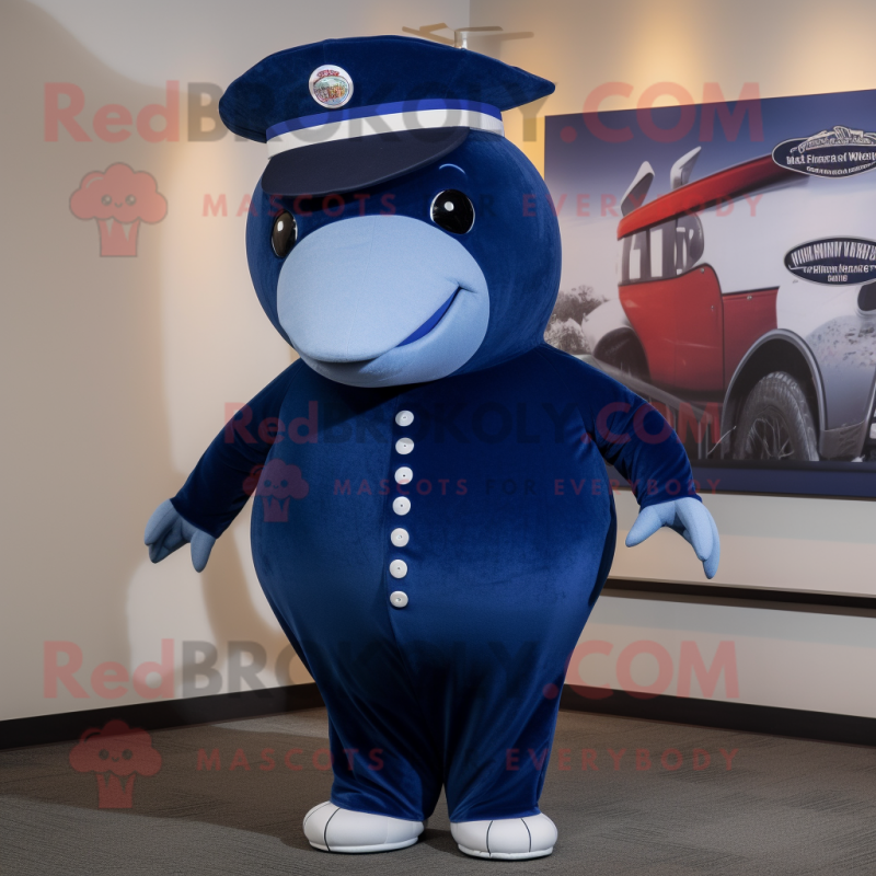 Navy Blue Whale mascot costume character dressed with a Turtleneck and Hat pins Navy Blue Whale mascot costume character dressed with a Turtleneck and Hat pins