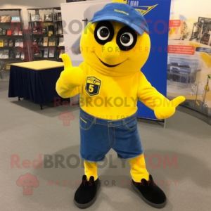 Yellow Navy Seal mascot costume character dressed with a Denim Shorts and Shoe laces