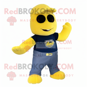 Yellow Navy Seal mascot costume character dressed with a Denim Shorts and Shoe laces