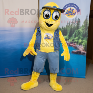 Yellow Navy Seal mascot costume character dressed with a Denim Shorts and Shoe laces