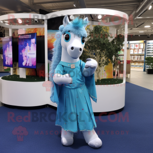 Sky Blue Horse mascot costume character dressed with a Maxi Dress and Earrings