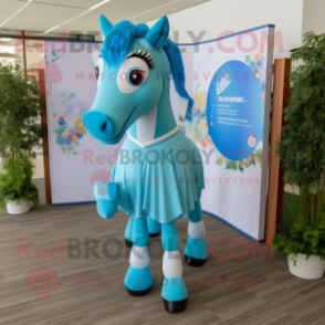 Sky Blue Horse mascot costume character dressed with a Maxi Dress and Earrings