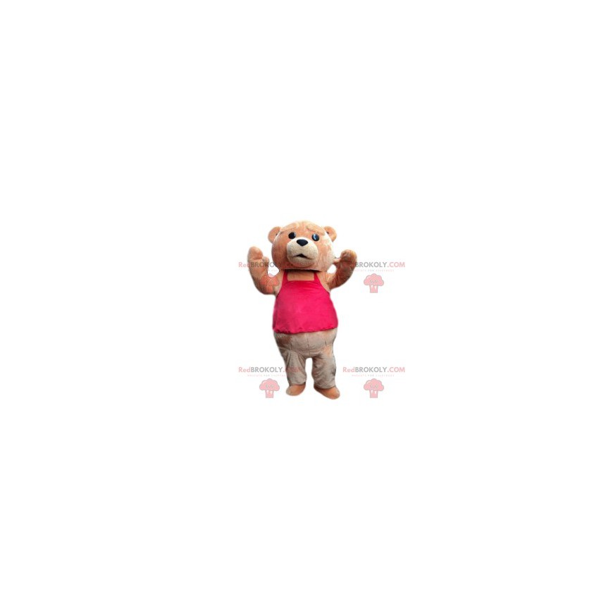 Bruine beer mascotte met een fuchsia roze t-shirt -