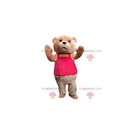 Brun bjørnemaskot med en fuchsiarosa t-skjorte - Redbrokoly.com