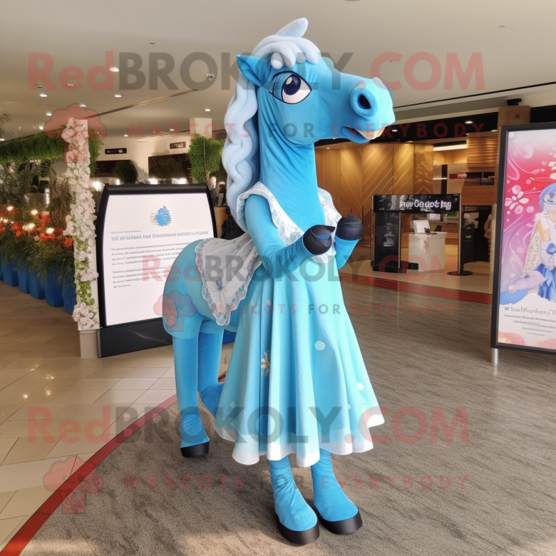 Sky Blue Horse mascot costume character dressed with a Maxi Dress and Earrings