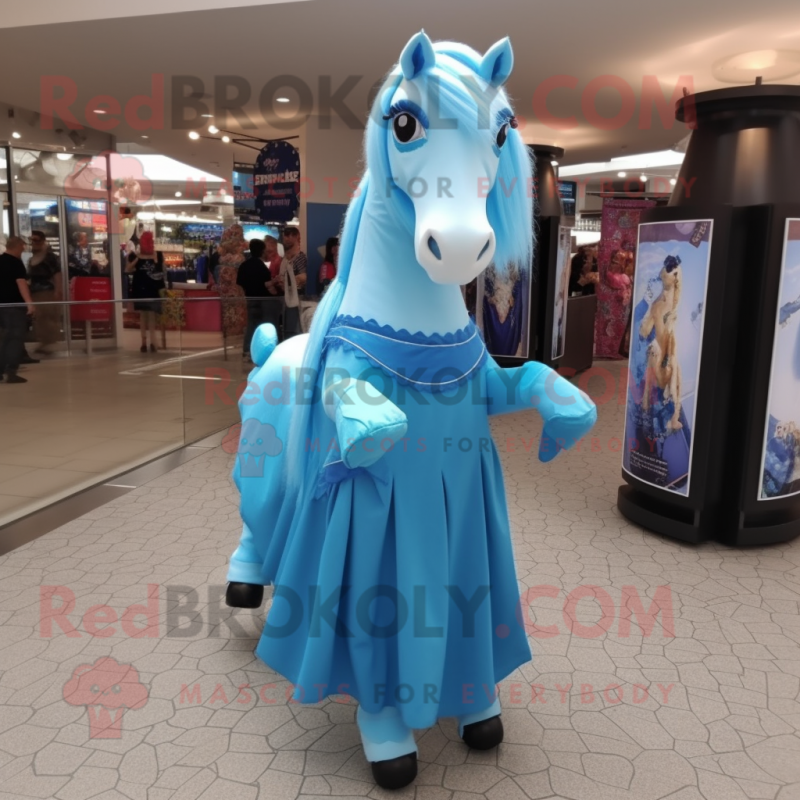 Sky Blue Horse mascot costume character dressed with a Maxi Dress and Earrings