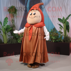 Rust Radish mascot costume character dressed with a Pleated Skirt and Shawl pins