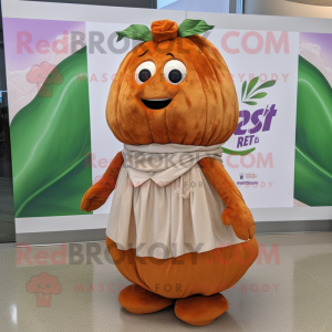 Rust Radish mascot costume character dressed with a Pleated Skirt and Shawl pins