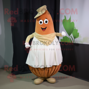 Rust Radish mascot costume character dressed with a Pleated Skirt and Shawl pins