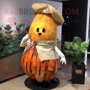 Rust Radish mascot costume character dressed with a Pleated Skirt and Shawl pins